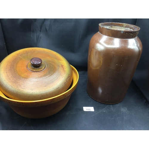 115 - Vintage Arcopal Volcan Amber/Orange Casserole Dish and a Stoneware Oyster Storage Jar