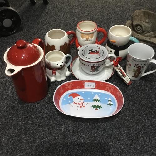 118 - Scottish Terrier Cup and Saucer, Christmas Dish, 5 Christmas Mugs and a Coffee Pot