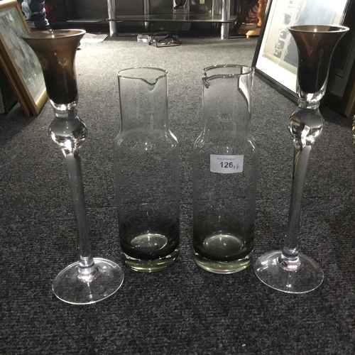 126 - Smoked Glass Candle Holders x2 and Two Smoked Glass Wine Pourers