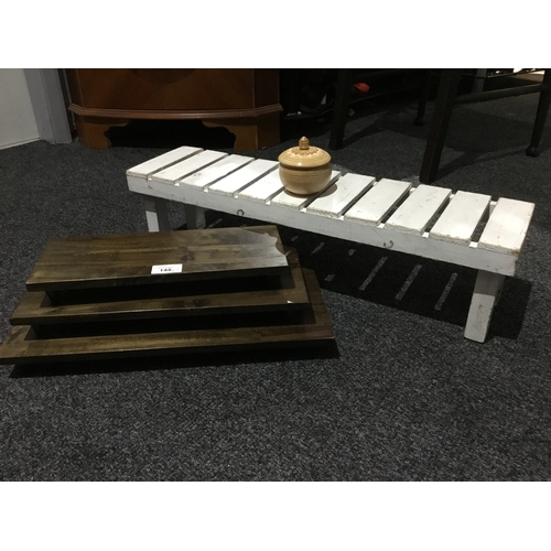 148 - Set of 3 Wooden Display Shelves With Feet, Wooden Shoe Bench and  a Vintage Round Wooden Trinket Box