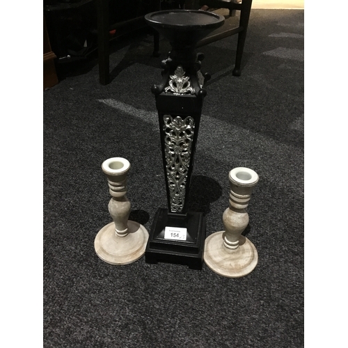 154 - Art Deco Pillar Candle Holder and 2 White Woodwash Candlesticks