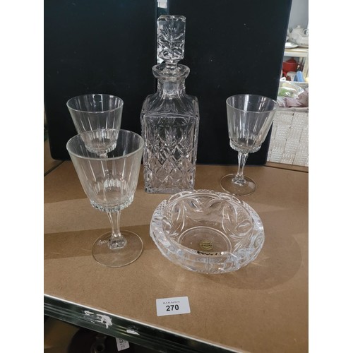 270 - Heavy Crystal Decanter, Three Glasses and a Crystal Darques Ashtray