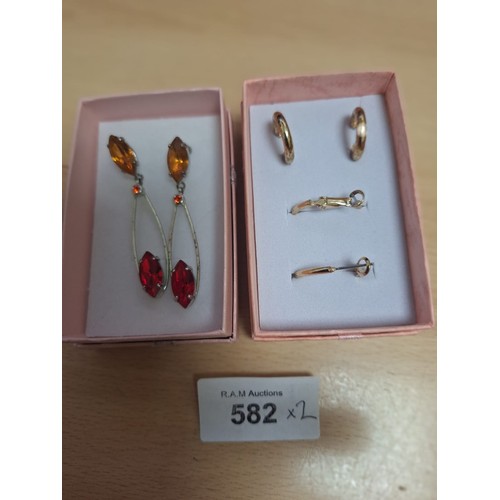 582 - Vintage and Fashion Earrings To Include Long Drop With Stones and 2 Pairs Of Hoops