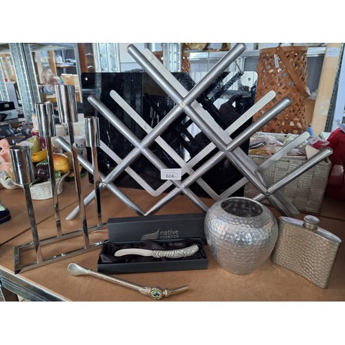 604 - Homewares x6 To Include Wine Rack, Candle Stand, Butter Knife, Strainer, Vase and a Flask