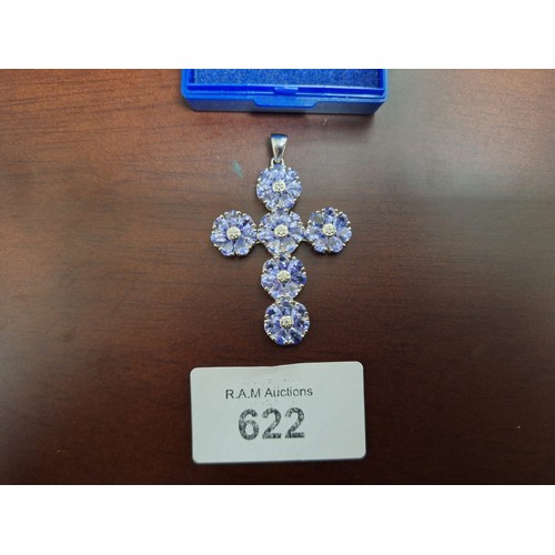 622 - Genuine Tanzanite and 925 Silver Cross 42 Tanzanites and Possible Diamonds