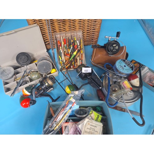 492 - Vintage Fishing Basket and Contents Contains Many Items Including 3 Fishing Reels Etc