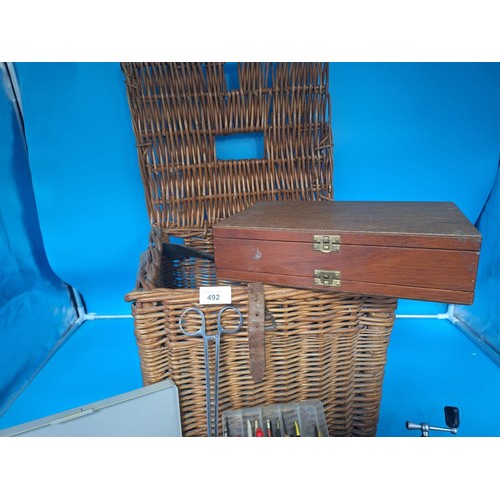 492 - Vintage Fishing Basket and Contents Contains Many Items Including 3 Fishing Reels Etc