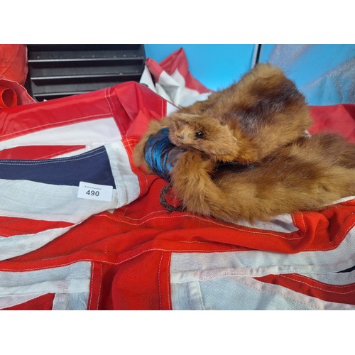 490 - Genuine Beaver Kneck Stole, England and Great Britain Flags Some Are Old, Merry Christmas Banner and... 