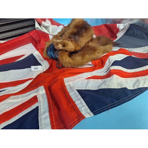 490 - Genuine Beaver Kneck Stole, England and Great Britain Flags Some Are Old, Merry Christmas Banner and... 