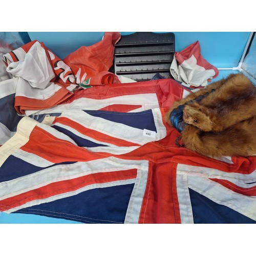 490 - Genuine Beaver Kneck Stole, England and Great Britain Flags Some Are Old, Merry Christmas Banner and... 