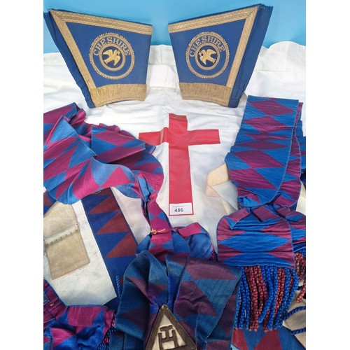 486 - Masonic Regalia To Include Sashes, Bags, Cheshire Flag Bars, Red Crucifix On White Gown