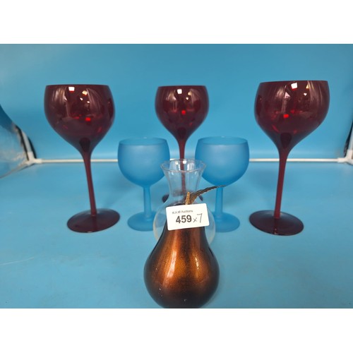 459 - Red and Blue Coloured Glasses x5, a Vase and a Pear