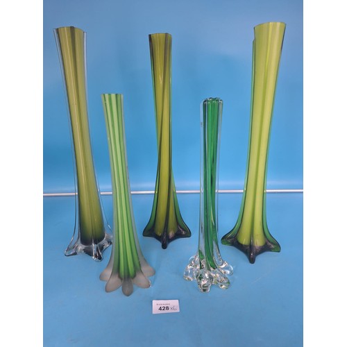 428 - Group of 6 Retro Green Glass Bud and Flower Display Vases One Is Murano