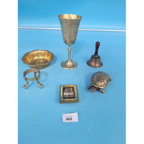 468 - Brass x6 To Include Flute, Bell, Picture Frame, Tortoise, Ashtray and a Stand