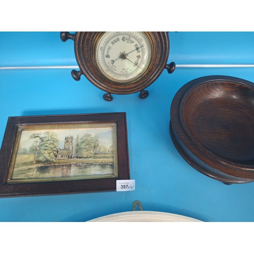 397 - Old British Barometer Ships Wheel, Old Watercolour, Vintage Footed Bowl and a Key Stand