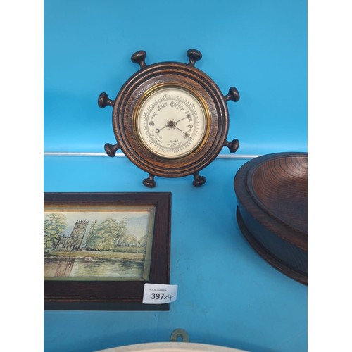 397 - Old British Barometer Ships Wheel, Old Watercolour, Vintage Footed Bowl and a Key Stand