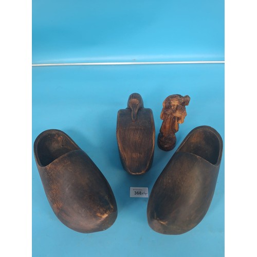 368 - Treen x4 To Include Vintage Clogs, Duck Cigarette Holder and a Carved Shepherd