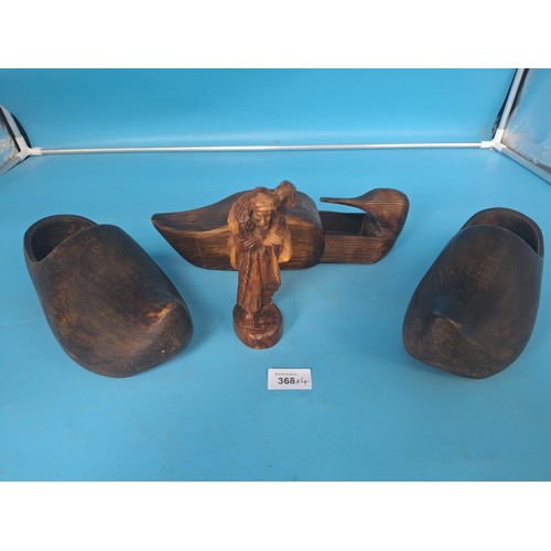 368 - Treen x4 To Include Vintage Clogs, Duck Cigarette Holder and a Carved Shepherd