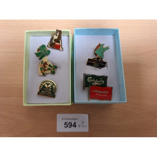 594 - Pins In Two Boxes To Include National Trust, Cat, Bow, Christmas Pudding, Liverpool Etc