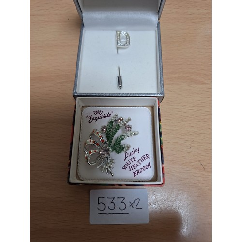 533 - Boxed Letter D Pin and a Boxed Lucky White Heather Brooch