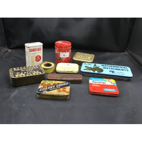 70 - Vintage Tins x10 Some With Contents To Include Mathematical Instruments, Cherry Cough, Bandaid Etc