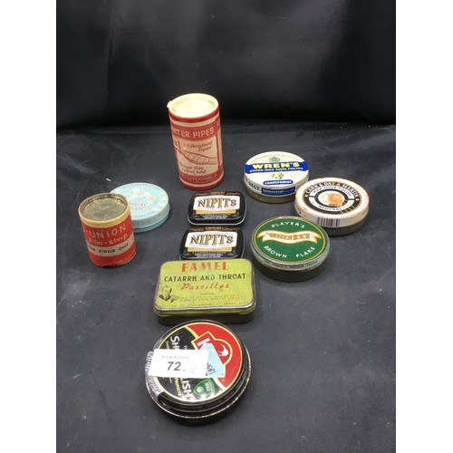 72 - Vintage Tins x10 To Include Nipits, Wrens, Players Etc