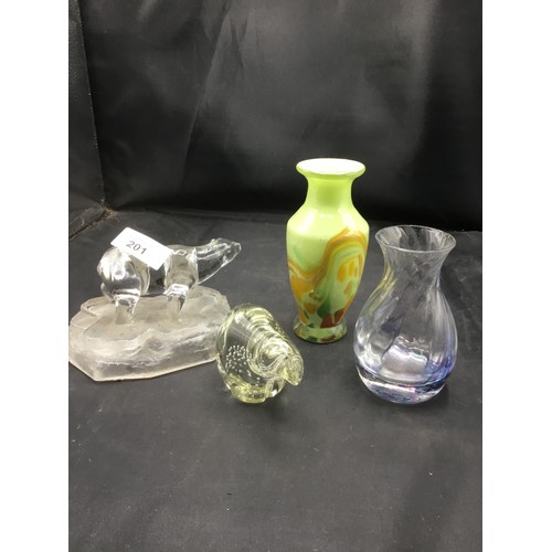 201 - Glass x4 To Include Polar Bear, Paperweight and 2 Vases