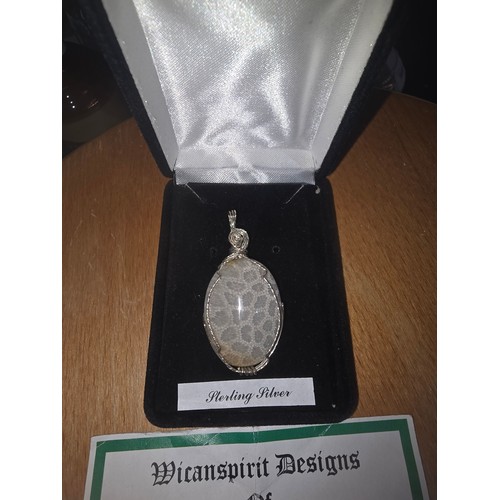 617 - Boxed 925 Silver Pendant with Fossil Coral (rare) With Papers