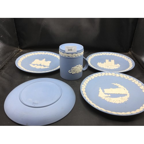 349 - Wedgewood Blue and White Jasper Ware To Include 4 Plates and a Mug