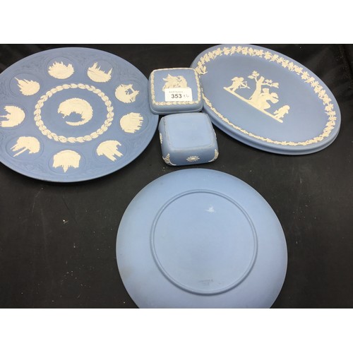 353 - Wedgewood Blue and White Jasper Ware To Include Plates x2, Plaque and a Lidded Dish