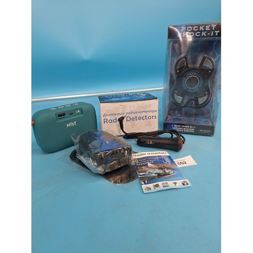 502 - New in The Box Speed Radar Detector, Bluetooth Hot Speaker and Pocket Shock It Game