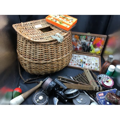 493 - Fishing Basket Containing Vintage Flies, Reels x7 One Is New In The Pack Etc