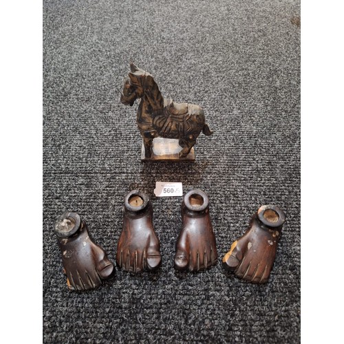 560 - Vintage Treen Candle Holders x4 and a Vintage Carved Horse