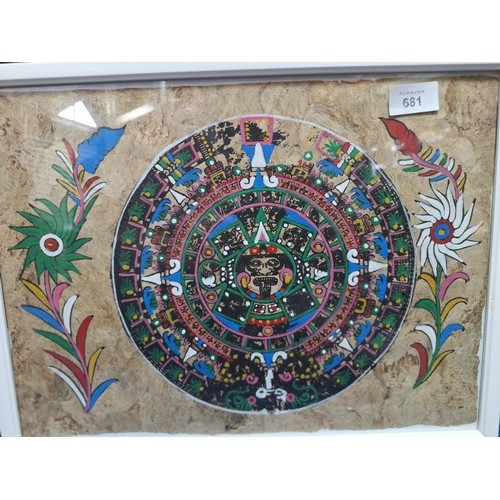 681 - Framed Vintage Mayan Calendar Painting On Handmade Wood Paper