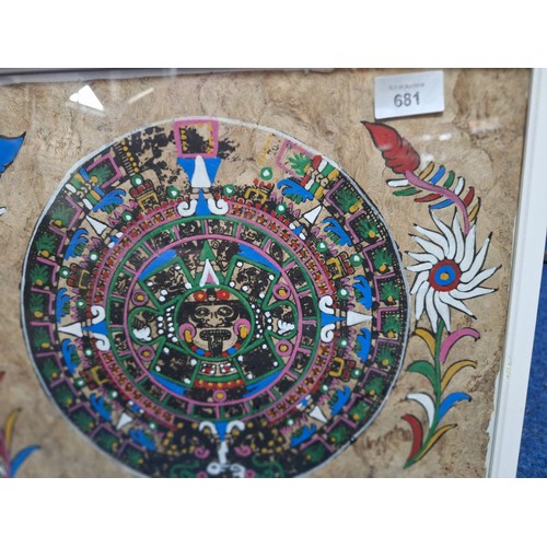 681 - Framed Vintage Mayan Calendar Painting On Handmade Wood Paper