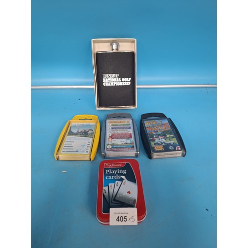 405 - Top Trumps x3, Renault Golf Flask and a Tin Of Cards