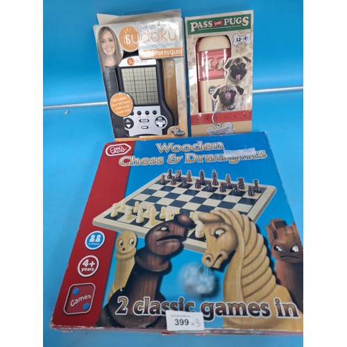 399 - Kids Games x3 To Include Chad Valley Wooden Chess Set, Electronic Suduko and Pass The Pugs