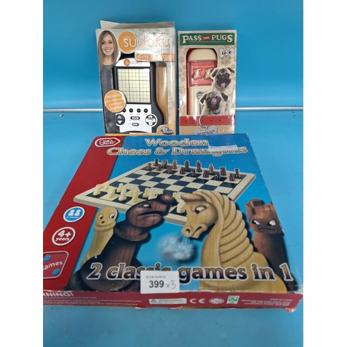 399 - Kids Games x3 To Include Chad Valley Wooden Chess Set, Electronic Suduko and Pass The Pugs