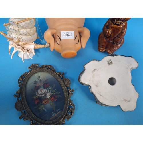 836 - Ceramics and Pictures x5 To Include Signed Oil, Pig, Seashells, Seals and a Bear