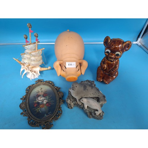 836 - Ceramics and Pictures x5 To Include Signed Oil, Pig, Seashells, Seals and a Bear