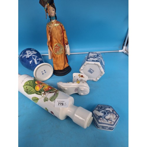 779 - Chinese Ceramics x2, Rolling Pin, Foley Shoe and a Figurine