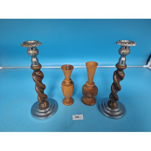 766 - Metal/Treen Candlesticks and Vases