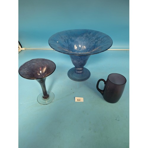 622 - Large Purple and Blue Large Glass Footed Vases x2 and a Tankard