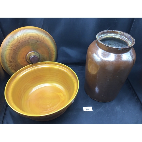 115 - Vintage Arcopal Volcan Amber/Orange Casserole Dish and a Stoneware Oyster Storage Jar