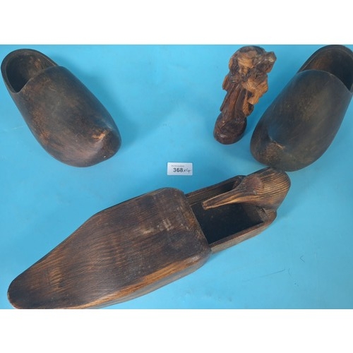 368 - Treen x4 To Include Vintage Clogs, Duck Cigarette Holder and a Carved Shepherd