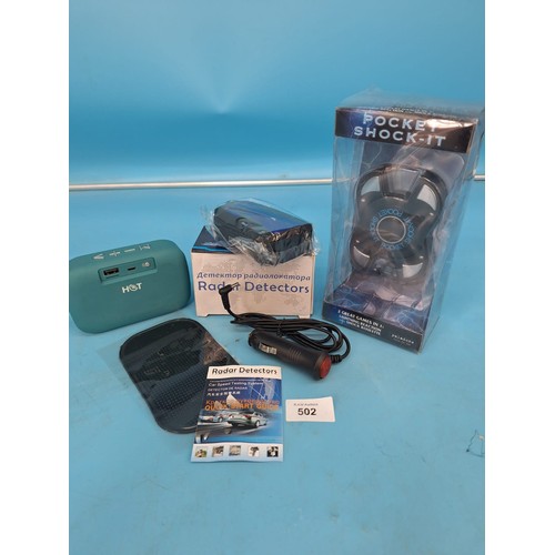 502 - New in The Box Speed Radar Detector, Bluetooth Hot Speaker and Pocket Shock It Game