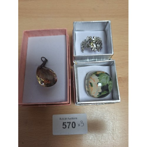 570 - Boxed Vintage and Fashion Jewellery x3 To Include Smokey Quartz Coloured Pendant, and 2 Rings