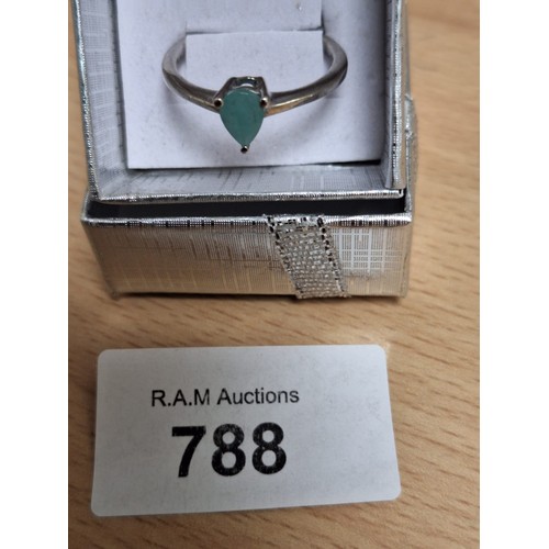 788 - Boxed 925 Silver Pear Cut Emerald Ring