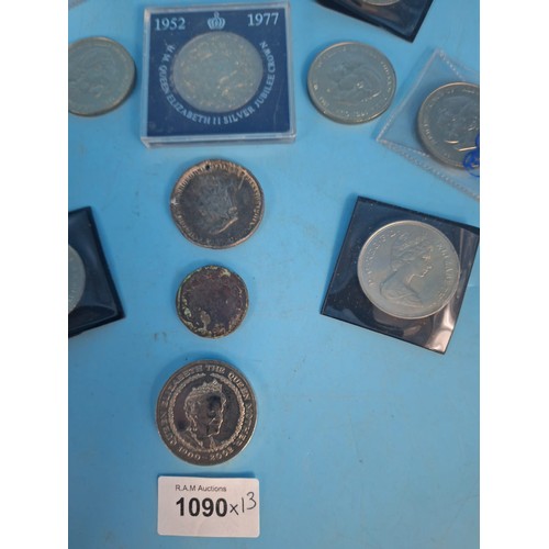 1090 - Commemorative Coins x10, Antique Commemorative Medallion, A Very Old Coin and a Five Pound Coin