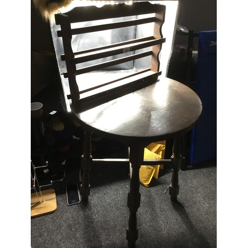 350 - Vintage Heavy 4 Legged Round Table With Stretchers and A Shelf With Keyholders